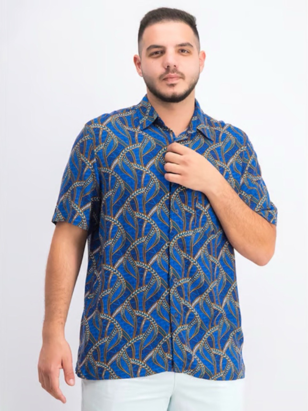 Tasso Elba 55% silk blend Royal Blue WheatPatterned Short-Sleeve Button-Up Shirt